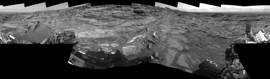 NASA's Mars rover Curiosity took 19 images in Gale Crater using its mast-mounted Left Navigation Camera (Navcam) to create this mosaic. The seam-corrected mosaic provides a 360-degree cylindrical-perspective projection panorama of the Martian surface suitable for stereo viewing, centered at 38 degrees azimuth (measured clockwise from north). This single-eye view must be combined with the partner right image to be viewed in stereo.  Curiosity took the images on August 28, 2015, Sol 1087 of the Mars Science Laboratory mission at drive 1876, site number 49. The local mean solar time for the image exposures was from 2 PM to 3 PM. Each Navcam image has a 45-degree field of view. CREDIT: NASA/JPL-Caltech