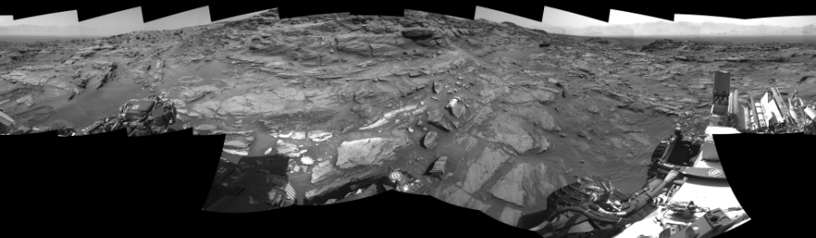 NASA's Mars rover Curiosity took 19 images in Gale Crater using its mast-mounted Right Navigation Camera (Navcam) to create this mosaic. The seam-corrected mosaic provides a 0-degree cylindrical-perspective projection panorama of the Martian surface suitable for stereo viewing, centered at 216 degrees azimuth (measured clockwise from north). This single-eye view must be combined with the partner left image to be viewed in stereo.  Curiosity took the images on August 28, 2015, Sol 1087 of the Mars Science Laboratory mission at drive 1876, site number 49. The local mean solar time for the image exposures was from 2 PM to 3 PM. Each Navcam image has a 45-degree field of view. CREDIT: NASA/JPL-Caltech
