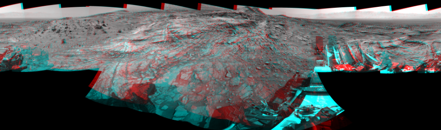 NASA's Mars rover Curiosity took 17 image pairs in Gale Crater using its mast-mounted Navigation Camera (Navcam) to create this mosaic. The seam-corrected mosaic provides a 360-degree cylindrical perspective projection panorama of the Martian surface suitable for stereo viewing, centered at 98 degrees azimuth (measured clockwise from north). This anaglyph must be viewed with red/blue glasses (red over left eye). Curiosity took the images on September 03, 2015, Sol 1093 of the Mars Science Laboratory mission at drive 2026, site number 49. The local mean solar time for the image exposures was 2 PM. Each Navcam image has a 45-degree field of view. CREDIT: NASA/JPL-Caltech