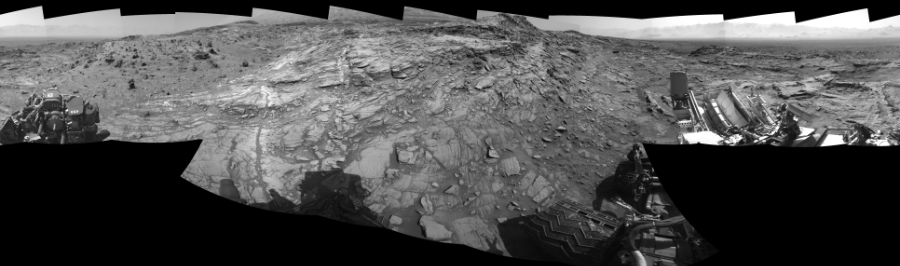 NASA's Mars rover Curiosity took 17 images in Gale Crater using its mast-mounted Left Navigation Camera (Navcam) to create this mosaic. The seam-corrected mosaic provides a 360-degree cylindrical-perspective projection panorama of the Martian surface suitable for stereo viewing, centered at 98 degrees azimuth (measured clockwise from north). This single-eye view must be combined with the partner right image to be viewed in stereo.  Curiosity took the images on September 03, 2015, Sol 1093 of the Mars Science Laboratory mission at drive 2026, site number 49. The local mean solar time for the image exposures was 2 PM. Each Navcam image has a 45-degree field of view. CREDIT: NASA/JPL-Caltech