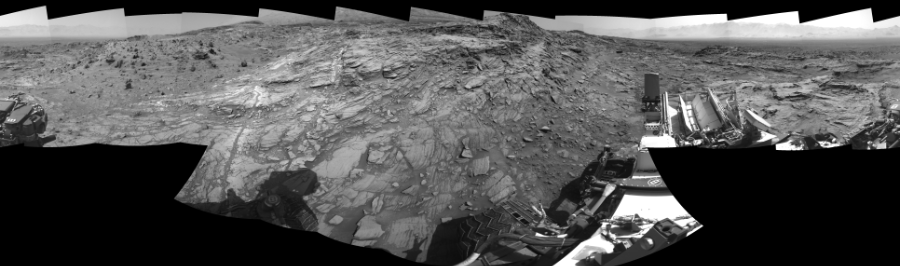NASA's Mars rover Curiosity took 17 images in Gale Crater using its mast-mounted Right Navigation Camera (Navcam) to create this mosaic. The seam-corrected mosaic provides a 0-degree cylindrical-perspective projection panorama of the Martian surface suitable for stereo viewing, centered at 276 degrees azimuth (measured clockwise from north). This single-eye view must be combined with the partner left image to be viewed in stereo. Curiosity took the images on September 03, 2015, Sol 1093 of the Mars Science Laboratory mission at drive 2026, site number 49. The local mean solar time for the image exposures was 2 PM. Each Navcam image has a 45-degree field of view. CREDIT: NASA/JPL-Caltech