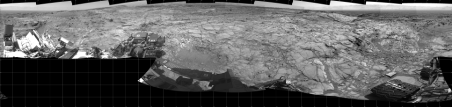 NASA's Mars rover Curiosity took 21 images in Gale Crater using its mast-mounted Left Navigation Camera (Navcam) to create this mosaic. The seam-corrected mosaic provides a 360-degree cylindrical projection panorama of the Martian surface centered at 180 degrees azimuth (measured clockwise from north). Curiosity took the images on September 04, 2015, Sol 1094 of the Mars Science Laboratory mission at drive 2236, site number 49. The local mean solar time for the image exposures was from 1 PM to 2 PM. Each Navcam image has a 45 degree field of view. CREDIT: NASA/JPL-Caltech