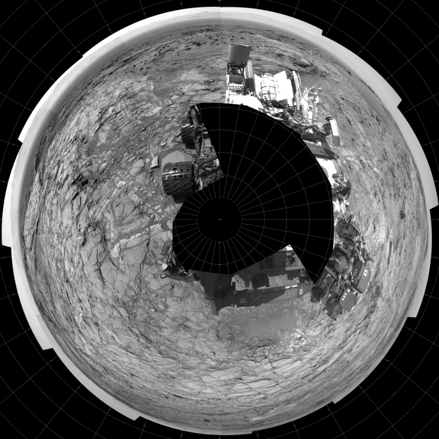 NASA's Mars rover Curiosity took 21 images in Gale Crater using its mast-mounted Left Navigation Camera (Navcam) to create this mosaic. The seam-corrected mosaic provides a polar stereographic projection panorama of the Martian surface with 0 degrees azimuth (measured clockwise from north) at the top of the image. Curiosity took the images on September 04, 2015, Sol 1094 of the Mars Science Laboratory mission at drive 2236, site number 49. The local mean solar time for the image exposures was from 1 PM to 2 PM. Each Navcam image has a 45-degree field of view. CREDIT: NASA/JPL-Caltech