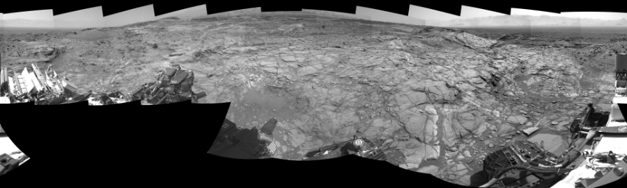 NASA's Mars rover Curiosity took 21 images in Gale Crater using its mast-mounted Right Navigation Camera (Navcam) to create this mosaic. The seam-corrected mosaic provides a 0-degree cylindrical-perspective projection panorama of the Martian surface suitable for stereo viewing, centered at 179 degrees azimuth (measured clockwise from north). This single-eye view must be combined with the partner left image to be viewed in stereo. Curiosity took the images on September 04, 2015, Sol 1094 of the Mars Science Laboratory mission at drive 2236, site number 49. The local mean solar time for the image exposures was from 1 PM to 2 PM. Each Navcam image has a 45-degree field of view. CREDIT: NASA/JPL-Caltech