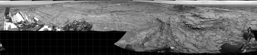 NASA's Mars rover Curiosity took 17 images in Gale Crater using its mast-mounted Left Navigation Camera (Navcam) to create this mosaic. The seam-corrected mosaic provides a 360-degree cylindrical projection panorama of the Martian surface centered at 180 degrees azimuth (measured clockwise from north). Curiosity took the images on September 08, 2015, Sol 1098 of the Mars Science Laboratory mission at drive 2374, site number 49. The local mean solar time for the image exposures was 2 PM. Each Navcam image has a 45 degree field of view. CREDIT: NASA/JPL-Caltech