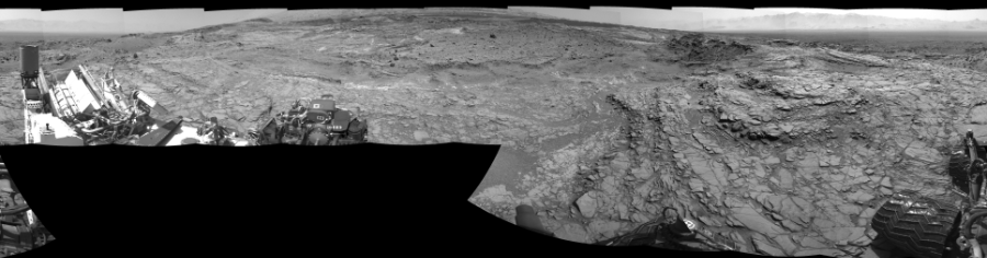 NASA's Mars rover Curiosity took 17 images in Gale Crater using its mast-mounted Left Navigation Camera (Navcam) to create this mosaic. The seam-corrected mosaic provides a 360-degree cylindrical-perspective projection panorama of the Martian surface suitable for stereo viewing, centered at 359 degrees azimuth (measured clockwise from north). This single-eye view must be combined with the partner right image to be viewed in stereo. Curiosity took the images on September 08, 2015, Sol 1098 of the Mars Science Laboratory mission at drive 2374, site number 49. The local mean solar time for the image exposures was 2 PM. Each Navcam image has a 45-degree field of view. CREDIT: NASA/JPL-Caltech