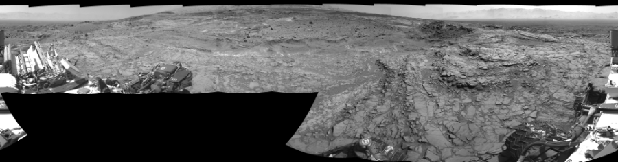 NASA's Mars rover Curiosity took 17 images in Gale Crater using its mast-mounted Right Navigation Camera (Navcam) to create this mosaic. The seam-corrected mosaic provides a 0-degree cylindrical-perspective projection panorama of the Martian surface suitable for stereo viewing, centered at 176 degrees azimuth (measured clockwise from north). This single-eye view must be combined with the partner left image to be viewed in stereo. Curiosity took the images on September 08, 2015, Sol 1098 of the Mars Science Laboratory mission at drive 2374, site number 49. The local mean solar time for the image exposures was 2 PM. Each Navcam image has a 45-degree field of view. CREDIT: NASA/JPL-Caltech