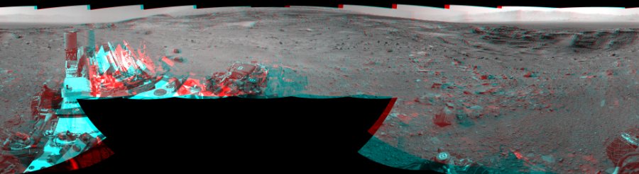 NASA's Mars rover Curiosity took 17 image pairs in Gale Crater using its mast-mounted Navigation Camera (Navcam) to create this mosaic. The seam-corrected mosaic provides a 360-degree cylindrical perspective projection panorama of the Martian surface suitable for stereo viewing, centered at 319 degrees azimuth (measured clockwise from north). This anaglyph must be viewed with red/blue glasses (red over left eye).  Curiosity took the images on September 09, 2015, Sol 1099 of the Mars Science Laboratory mission at drive 2626, site number 49. The local mean solar time for the image exposures was 2 PM. Each Navcam image has a 45-degree field of view. CREDIT: NASA/JPL-Caltech