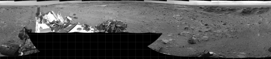 NASA's Mars rover Curiosity took 17 images in Gale Crater using its mast-mounted Left Navigation Camera (Navcam) to create this mosaic. The seam-corrected mosaic provides a 360-degree cylindrical projection panorama of the Martian surface centered at 180 degrees azimuth (measured clockwise from north). Curiosity took the images on September 09, 2015, Sol 1099 of the Mars Science Laboratory mission at drive 2626, site number 49. The local mean solar time for the image exposures was 2 PM. Each Navcam image has a 45 degree field of view. CREDIT: NASA/JPL-Caltech