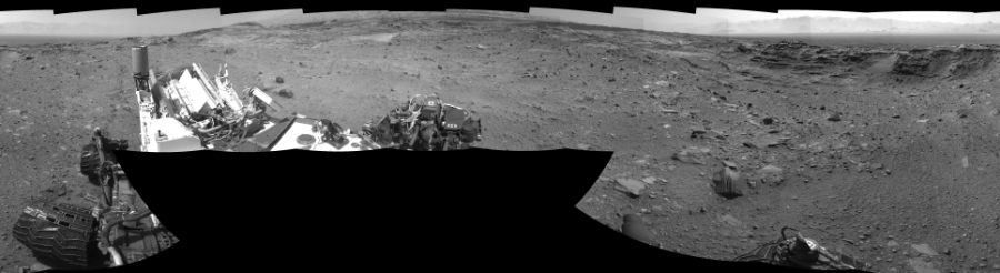 NASA's Mars rover Curiosity took 17 images in Gale Crater using its mast-mounted Left Navigation Camera (Navcam) to create this mosaic. The seam-corrected mosaic provides a 360-degree cylindrical-perspective projection panorama of the Martian surface suitable for stereo viewing, centered at 319 degrees azimuth (measured clockwise from north). This single-eye view must be combined with the partner right image to be viewed in stereo. Curiosity took the images on September 09, 2015, Sol 1099 of the Mars Science Laboratory mission at drive 2626, site number 49. The local mean solar time for the image exposures was 2 PM. Each Navcam image has a 45-degree field of view. CREDIT: NASA/JPL-Caltech