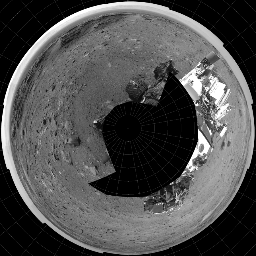 NASA's Mars rover Curiosity took 17 images in Gale Crater using its mast-mounted Left Navigation Camera (Navcam) to create this mosaic. The seam-corrected mosaic provides a polar stereographic projection panorama of the Martian surface with 0 degrees azimuth (measured clockwise from north) at the top of the image. Curiosity took the images on September 09, 2015, Sol 1099 of the Mars Science Laboratory mission at drive 2626, site number 49. The local mean solar time for the image exposures was 2 PM. Each Navcam image has a 45-degree field of view. CREDIT: NASA/JPL-Caltech