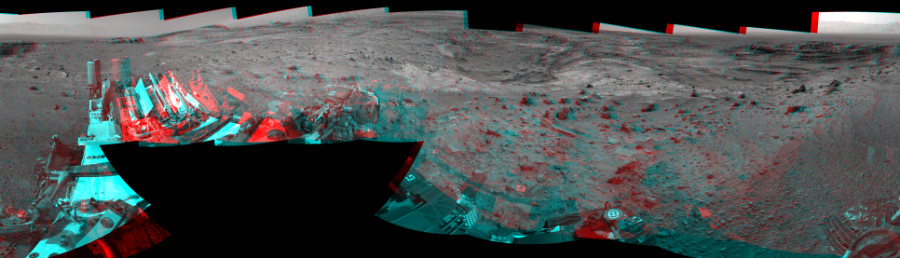 NASA's Mars rover Curiosity took 19 image pairs in Gale Crater using its mast-mounted Navigation Camera (Navcam) to create this mosaic. The seam-corrected mosaic provides a 360-degree cylindrical perspective projection panorama of the Martian surface suitable for stereo viewing, centered at 321 degrees azimuth (measured clockwise from north). This anaglyph must be viewed with red/blue glasses (red over left eye).  Curiosity took the images on September 10, 2015, Sol 1100 of the Mars Science Laboratory mission at drive 2902, site number 49. The local mean solar time for the image exposures was from 2 PM to 3 PM. Each Navcam image has a 45-degree field of view. CREDIT: NASA/JPL-Caltech