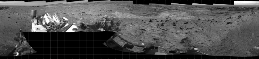NASA's Mars rover Curiosity took 19 images in Gale Crater using its mast-mounted Left Navigation Camera (Navcam) to create this mosaic. The seam-corrected mosaic provides a 360-degree cylindrical projection panorama of the Martian surface centered at 180 degrees azimuth (measured clockwise from north). Curiosity took the images on September 10, 2015, Sol 1100 of the Mars Science Laboratory mission at drive 2902, site number 49. The local mean solar time for the image exposures was from 2 PM to 3 PM. Each Navcam image has a 45 degree field of view. CREDIT: NASA/JPL-Caltech