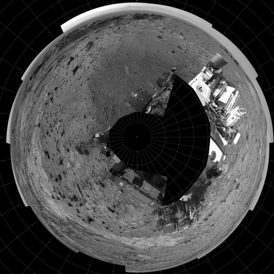 NASA's Mars rover Curiosity took 19 images in Gale Crater using its mast-mounted Left Navigation Camera (Navcam) to create this mosaic. The seam-corrected mosaic provides a polar stereographic projection panorama of the Martian surface with 0 degrees azimuth (measured clockwise from north) at the top of the image. Curiosity took the images on September 10, 2015, Sol 1100 of the Mars Science Laboratory mission at drive 2902, site number 49. The local mean solar time for the image exposures was from 2 PM to 3 PM. Each Navcam image has a 45-degree field of view. CREDIT: NASA/JPL-Caltech