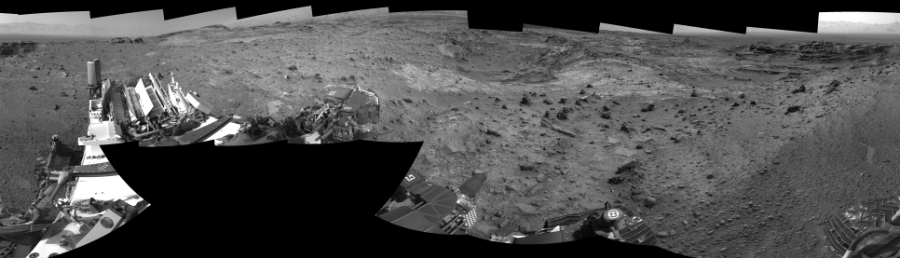 NASA's Mars rover Curiosity took 19 images in Gale Crater using its mast-mounted Right Navigation Camera (Navcam) to create this mosaic. The seam-corrected mosaic provides a 360-degree cylindrical-perspective projection panorama of the Martian surface suitable for stereo viewing, centered at 319 degrees azimuth (measured clockwise from north). This single-eye view must be combined with the partner left image to be viewed in stereo.  Curiosity took the images on September 10, 2015, Sol 1100 of the Mars Science Laboratory mission at drive 2902, site number 49. The local mean solar time for the image exposures was from 2 PM to 3 PM. Each Navcam image has a 45-degree field of view. CREDIT: NASA/JPL-Caltech