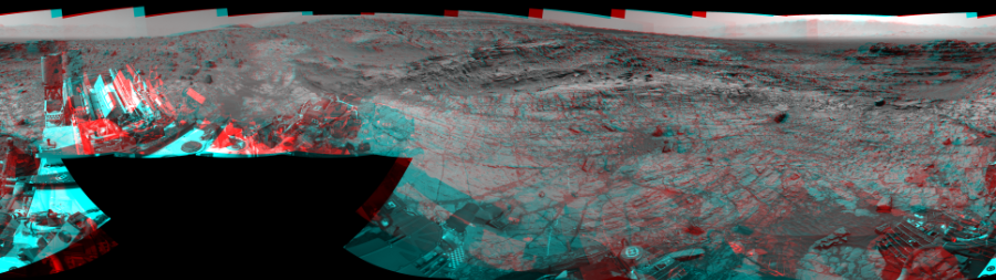 NASA's Mars rover Curiosity took 19 image pairs in Gale Crater using its mast-mounted Navigation Camera (Navcam) to create this mosaic. The seam-corrected mosaic provides a 360-degree cylindrical perspective projection panorama of the Martian surface suitable for stereo viewing, centered at 342 degrees azimuth (measured clockwise from north). This anaglyph must be viewed with red/blue glasses (red over left eye).  Curiosity took the images on September 15, 2015, Sol 1104 of the Mars Science Laboratory mission at drive 0, site number 50. The local mean solar time for the image exposures was 2 PM. Each Navcam image has a 45-degree field of view. CREDIT: NASA/JPL-Caltech