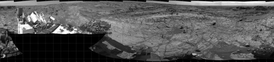 NASA's Mars rover Curiosity took 19 images in Gale Crater using its mast-mounted Left Navigation Camera (Navcam) to create this mosaic. The seam-corrected mosaic provides a 360-degree cylindrical projection panorama of the Martian surface centered at 180 degrees azimuth (measured clockwise from north). Curiosity took the images on September 15, 2015, Sol 1104 of the Mars Science Laboratory mission at drive 0, site number 50. The local mean solar time for the image exposures was 2 PM. Each Navcam image has a 45 degree field of view. CREDIT: NASA/JPL-Caltech