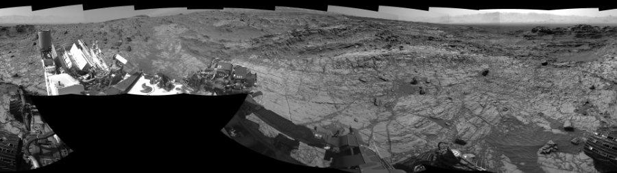NASA's Mars rover Curiosity took 19 images in Gale Crater using its mast-mounted Left Navigation Camera (Navcam) to create this mosaic. The seam-corrected mosaic provides a 360-degree cylindrical-perspective projection panorama of the Martian surface suitable for stereo viewing, centered at 342 degrees azimuth (measured clockwise from north). This single-eye view must be combined with the partner right image to be viewed in stereo.  Curiosity took the images on September 15, 2015, Sol 1104 of the Mars Science Laboratory mission at drive 0, site number 50. The local mean solar time for the image exposures was 2 PM. Each Navcam image has a 45-degree field of view. CREDIT: NASA/JPL-Caltech