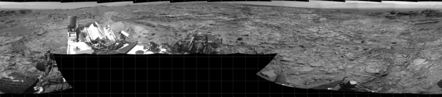 NASA's Mars rover Curiosity took 17 images in Gale Crater using its mast-mounted Left Navigation Camera (Navcam) to create this mosaic. The seam-corrected mosaic provides a 360-degree cylindrical projection panorama of the Martian surface centered at 180 degrees azimuth (measured clockwise from north). Curiosity took the images on September 17, 2015, Sol 1106 of the Mars Science Laboratory mission at drive 114, site number 50. The local mean solar time for the image exposures was from 1 PM to 2 PM. Each Navcam image has a 45 degree field of view. CREDIT: NASA/JPL-Caltech