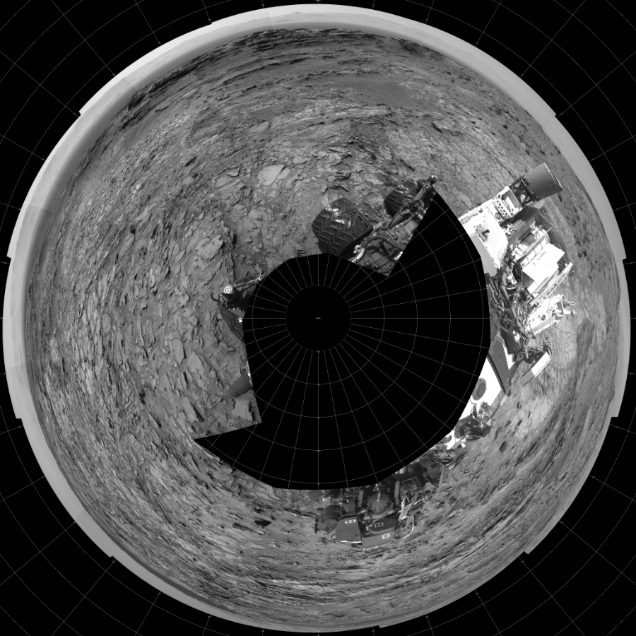 NASA's Mars rover Curiosity took 17 images in Gale Crater using its mast-mounted Left Navigation Camera (Navcam) to create this mosaic. The seam-corrected mosaic provides a polar stereographic projection panorama of the Martian surface with 0 degrees azimuth (measured clockwise from north) at the top of the image. Curiosity took the images on September 17, 2015, Sol 1106 of the Mars Science Laboratory mission at drive 114, site number 50. The local mean solar time for the image exposures was from 1 PM to 2 PM. Each Navcam image has a 45-degree field of view. CREDIT: NASA/JPL-Caltech