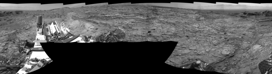 NASA's Mars rover Curiosity took 17 images in Gale Crater using its mast-mounted Right Navigation Camera (Navcam) to create this mosaic. The seam-corrected mosaic provides a 360-degree cylindrical-perspective projection panorama of the Martian surface suitable for stereo viewing, centered at 304 degrees azimuth (measured clockwise from north). This single-eye view must be combined with the partner left image to be viewed in stereo.  Curiosity took the images on September 17, 2015, Sol 1106 of the Mars Science Laboratory mission at drive 114, site number 50. The local mean solar time for the image exposures was from 1 PM to 2 PM. Each Navcam image has a 45-degree field of view. CREDIT: NASA/JPL-Caltech