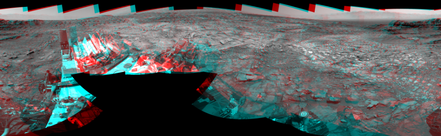 NASA's Mars rover Curiosity took 18 image pairs in Gale Crater using its mast-mounted Navigation Camera (Navcam) to create this mosaic. The seam-corrected mosaic provides a 360-degree cylindrical perspective projection panorama of the Martian surface suitable for stereo viewing, centered at 311 degrees azimuth (measured clockwise from north). This anaglyph must be viewed with red/blue glasses (red over left eye).  Curiosity took the images on September 18, 2015, Sol 1107 of the Mars Science Laboratory mission at drive 250, site number 50. The local mean solar time for the image exposures was 1 PM. Each Navcam image has a 45-degree field of view. CREDIT: NASA/JPL-Caltech