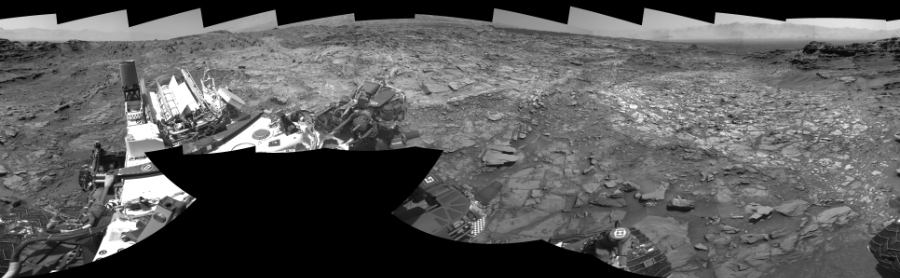 NASA's Mars rover Curiosity took 18 images in Gale Crater using its mast-mounted Right Navigation Camera (Navcam) to create this mosaic. The seam-corrected mosaic provides a 360-degree cylindrical-perspective projection panorama of the Martian surface suitable for stereo viewing, centered at 306 degrees azimuth (measured clockwise from north). This single-eye view must be combined with the partner left image to be viewed in stereo.  Curiosity took the images on September 18, 2015, Sol 1107 of the Mars Science Laboratory mission at drive 250, site number 50. The local mean solar time for the image exposures was 1 PM. Each Navcam image has a 45-degree field of view. CREDIT: NASA/JPL-Caltech