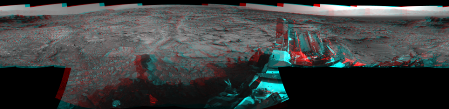 NASA's Mars rover Curiosity took 17 image pairs in Gale Crater using its mast-mounted Navigation Camera (Navcam) to create this mosaic. The seam-corrected mosaic provides a 360-degree cylindrical perspective projection panorama of the Martian surface suitable for stereo viewing, centered at 134 degrees azimuth (measured clockwise from north). This anaglyph must be viewed with red/blue glasses (red over left eye). Curiosity took the images on September 21, 2015, Sol 1110 of the Mars Science Laboratory mission at drive 448, site number 50. The local mean solar time for the image exposures was from 3 PM to 4 PM. Each Navcam image has a 45-degree field of view. CREDIT: NASA/JPL-Caltech