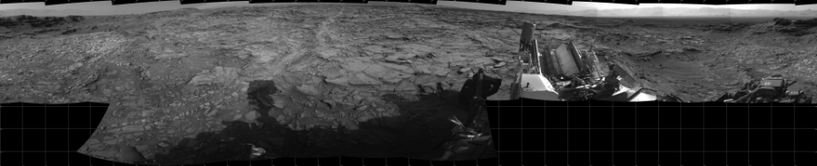 NASA's Mars rover Curiosity took 17 images in Gale Crater using its mast-mounted Left Navigation Camera (Navcam) to create this mosaic. The seam-corrected mosaic provides a 360-degree cylindrical projection panorama of the Martian surface centered at 180 degrees azimuth (measured clockwise from north). Curiosity took the images on September 21, 2015, Sol 1110 of the Mars Science Laboratory mission at drive 448, site number 50. The local mean solar time for the image exposures was from 3 PM to 4 PM. Each Navcam image has a 45 degree field of view. CREDIT: NASA/JPL-Caltech