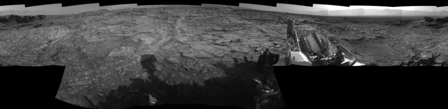 NASA's Mars rover Curiosity took 17 images in Gale Crater using its mast-mounted Left Navigation Camera (Navcam) to create this mosaic. The seam-corrected mosaic provides a 360-degree cylindrical-perspective projection panorama of the Martian surface suitable for stereo viewing, centered at 134 degrees azimuth (measured clockwise from north). This single-eye view must be combined with the partner right image to be viewed in stereo.  Curiosity took the images on September 21, 2015, Sol 1110 of the Mars Science Laboratory mission at drive 448, site number 50. The local mean solar time for the image exposures was from 3 PM to 4 PM. Each Navcam image has a 45-degree field of view. CREDIT: NASA/JPL-Caltech