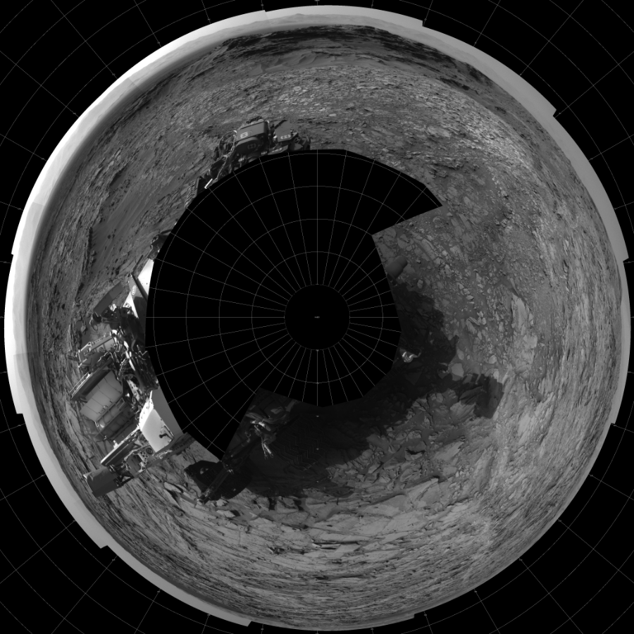 NASA's Mars rover Curiosity took 17 images in Gale Crater using its mast-mounted Left Navigation Camera (Navcam) to create this mosaic. The seam-corrected mosaic provides a polar stereographic projection panorama of the Martian surface with 0 degrees azimuth (measured clockwise from north) at the top of the image. Curiosity took the images on September 21, 2015, Sol 1110 of the Mars Science Laboratory mission at drive 448, site number 50. The local mean solar time for the image exposures was from 3 PM to 4 PM. Each Navcam image has a 45-degree field of view. CREDIT: NASA/JPL-Caltech