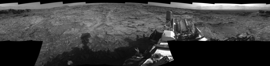 NASA's Mars rover Curiosity took 17 images in Gale Crater using its mast-mounted Right Navigation Camera (Navcam) to create this mosaic. The seam-corrected mosaic provides a 360-degree cylindrical-perspective projection panorama of the Martian surface suitable for stereo viewing, centered at 130 degrees azimuth (measured clockwise from north). This single-eye view must be combined with the partner left image to be viewed in stereo.  Curiosity took the images on September 21, 2015, Sol 1110 of the Mars Science Laboratory mission at drive 448, site number 50. The local mean solar time for the image exposures was from 3 PM to 4 PM. Each Navcam image has a 45-degree field of view. CREDIT: NASA/JPL-Caltech