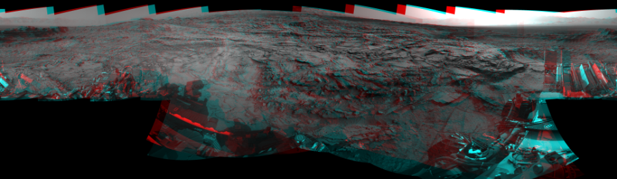 NASA's Mars rover Curiosity took 19 image pairs in Gale Crater using its mast-mounted Navigation Camera (Navcam) to create this mosaic. The seam-corrected mosaic provides a 360-degree cylindrical perspective projection panorama of the Martian surface suitable for stereo viewing, centered at 39 degrees azimuth (measured clockwise from north). This anaglyph must be viewed with red/blue glasses (red over left eye). Curiosity took the images on September 23, 2015, Sol 1112 of the Mars Science Laboratory mission at drive 592, site number 50. The local mean solar time for the image exposures was 4 PM. Each Navcam image has a 45-degree field of view. CREDIT: NASA/JPL-Caltech