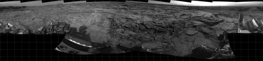 NASA's Mars rover Curiosity took 19 images in Gale Crater using its mast-mounted Left Navigation Camera (Navcam) to create this mosaic. The seam-corrected mosaic provides a 360-degree cylindrical projection panorama of the Martian surface centered at 180 degrees azimuth (measured clockwise from north). Curiosity took the images on September 23, 2015, Sol 1112 of the Mars Science Laboratory mission at drive 592, site number 50. The local mean solar time for the image exposures was 4 PM. Each Navcam image has a 45 degree field of view. CREDIT: NASA/JPL-Caltech