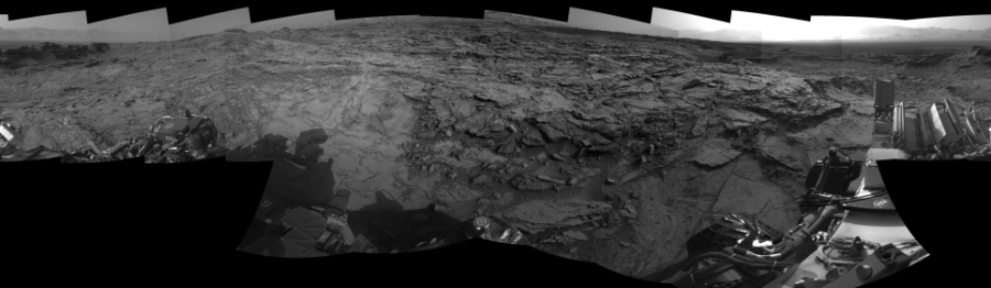 NASA's Mars rover Curiosity took 20 images in Gale Crater using its mast-mounted Right Navigation Camera (Navcam) to create this mosaic. The seam-corrected mosaic provides a 0-degree cylindrical-perspective projection panorama of the Martian surface suitable for stereo viewing, centered at 214 degrees azimuth (measured clockwise from north). This single-eye view must be combined with the partner left image to be viewed in stereo.  Curiosity took the images on September 23, 2015, Sol 1112 of the Mars Science Laboratory mission at drive 592, site number 50. The local mean solar time for the image exposures was 4 PM. Each Navcam image has a 45-degree field of view. CREDIT: NASA/JPL-Caltech
