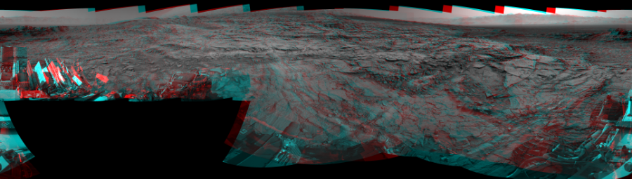 NASA's Mars rover Curiosity took 19 image pairs in Gale Crater using its mast-mounted Navigation Camera (Navcam) to create this mosaic. The seam-corrected mosaic provides a 360-degree cylindrical perspective projection panorama of the Martian surface suitable for stereo viewing, centered at 356 degrees azimuth (measured clockwise from north). This anaglyph must be viewed with red/blue glasses (red over left eye).  Curiosity took the images on October 09, 2015, Sols 1128-1127 of the Mars Science Laboratory mission at drive 676, site number 50. The local mean solar time for the image exposures was from 3 PM to 4 PM. Each Navcam image has a 45-degree field of view. CREDIT: NASA/JPL-Caltech