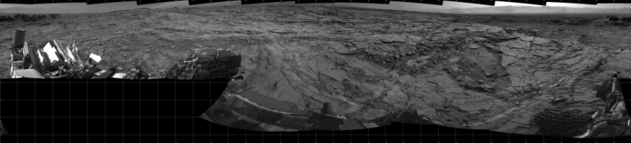 NASA's Mars rover Curiosity took 19 images in Gale Crater using its mast-mounted Left Navigation Camera (Navcam) to create this mosaic. The seam-corrected mosaic provides a 360-degree cylindrical projection panorama of the Martian surface centered at 180 degrees azimuth (measured clockwise from north). Curiosity took the images on October 09, 2015, Sols 1128-1127 of the Mars Science Laboratory mission at drive 676, site number 50. The local mean solar time for the image exposures was from 3 PM to 4 PM. Each Navcam image has a 45 degree field of view. CREDIT: NASA/JPL-Caltech