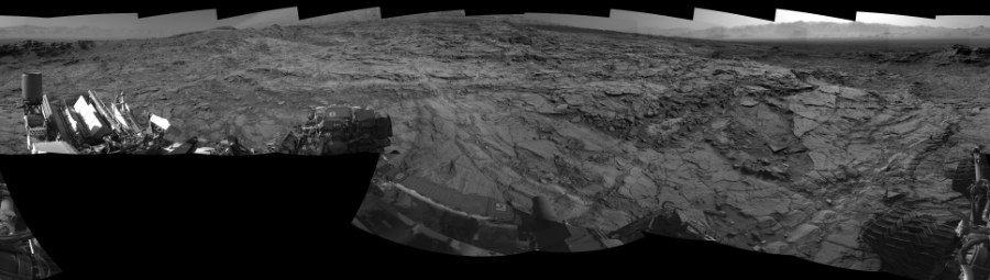 NASA's Mars rover Curiosity took 19 images in Gale Crater using its mast-mounted Left Navigation Camera (Navcam) to create this mosaic. The seam-corrected mosaic provides a 360-degree cylindrical-perspective projection panorama of the Martian surface suitable for stereo viewing, centered at 356 degrees azimuth (measured clockwise from north). This single-eye view must be combined with the partner right image to be viewed in stereo.  Curiosity took the images on October 09, 2015, Sols 1128-1127 of the Mars Science Laboratory mission at drive 676, site number 50. The local mean solar time for the image exposures was from 3 PM to 4 PM. Each Navcam image has a 45-degree field of view. CREDIT: NASA/JPL-Caltech