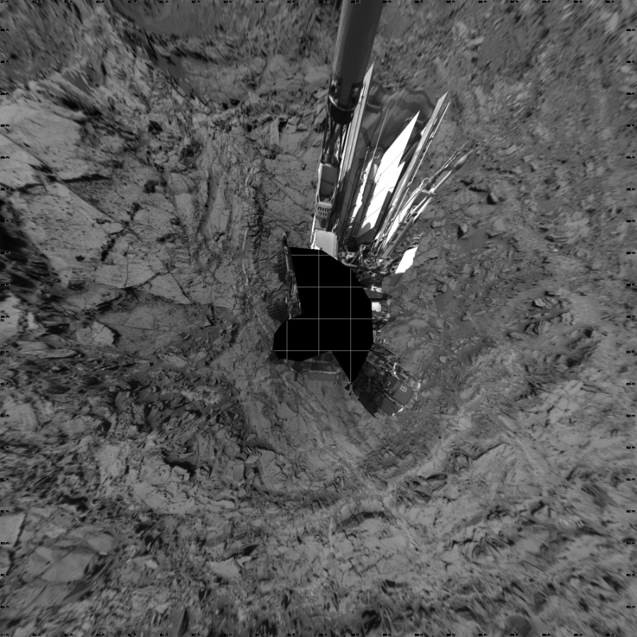 NASA's Mars rover Curiosity took 19 images in Gale Crater using its mast-mounted Left Navigation Camera (Navcam) to create this mosaic. The seam-corrected mosaic provides a vertical projection of the Martian surface near the rover, covering an area of 20 meters (north/south) by 20 meters (east/west). North is up in the image. This projection provides an overhead view, but introduces distortion for items not on the surface, such as large rocks and the rover itself. Curiosity took the images on October 09, 2015, Sols 1128-1127 of the Mars Science Laboratory mission at drive 676, site number 50. The local mean solar time for the image exposures was from 3 PM to 4 PM. Each Navcam image has a 45-degree field of view. CREDIT: NASA/JPL-Caltech