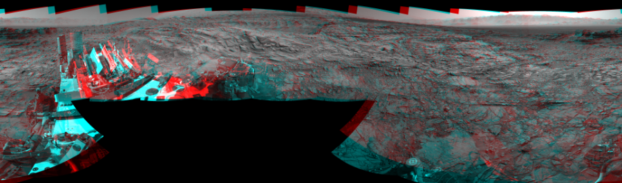 NASA's Mars rover Curiosity took 17 image pairs in Gale Crater using its mast-mounted Navigation Camera (Navcam) to create this mosaic. The seam-corrected mosaic provides a 360-degree cylindrical perspective projection panorama of the Martian surface suitable for stereo viewing, centered at 325 degrees azimuth (measured clockwise from north). This anaglyph must be viewed with red/blue glasses (red over left eye). Curiosity took the images on October 26, 2015, Sol 1144 of the Mars Science Laboratory mission at drive 848, site number 50. The local mean solar time for the image exposures was 3 PM. Each Navcam image has a 45-degree field of view. CREDIT: NASA/JPL-Caltech