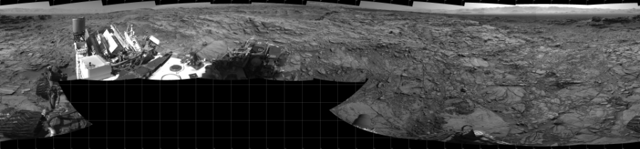 NASA's Mars rover Curiosity took 17 images in Gale Crater using its mast-mounted Left Navigation Camera (Navcam) to create this mosaic. The seam-corrected mosaic provides a 360-degree cylindrical projection panorama of the Martian surface centered at 180 degrees azimuth (measured clockwise from north). Curiosity took the images on October 26, 2015, Sol 1144 of the Mars Science Laboratory mission at drive 848, site number 50. The local mean solar time for the image exposures was 3 PM. Each Navcam image has a 45 degree field of view. CREDIT: NASA/JPL-Caltech