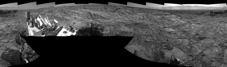 NASA's Mars rover Curiosity took 17 images in Gale Crater using its mast-mounted Left Navigation Camera (Navcam) to create this mosaic. The seam-corrected mosaic provides a 360-degree cylindrical-perspective projection panorama of the Martian surface suitable for stereo viewing, centered at 325 degrees azimuth (measured clockwise from north). This single-eye view must be combined with the partner right image to be viewed in stereo.  Curiosity took the images on October 26, 2015, Sol 1144 of the Mars Science Laboratory mission at drive 848, site number 50. The local mean solar time for the image exposures was 3 PM. Each Navcam image has a 45-degree field of view. CREDIT: NASA/JPL-Caltech