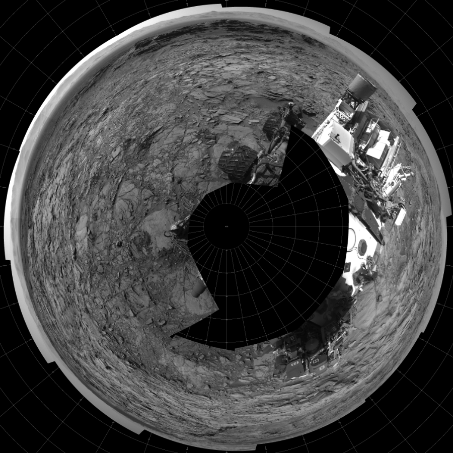 NASA's Mars rover Curiosity took 17 images in Gale Crater using its mast-mounted Left Navigation Camera (Navcam) to create this mosaic. The seam-corrected mosaic provides a polar stereographic projection panorama of the Martian surface with 0 degrees azimuth (measured clockwise from north) at the top of the image. Curiosity took the images on October 26, 2015, Sol 1144 of the Mars Science Laboratory mission at drive 848, site number 50. The local mean solar time for the image exposures was 3 PM. Each Navcam image has a 45-degree field of view. CREDIT: NASA/JPL-Caltech
