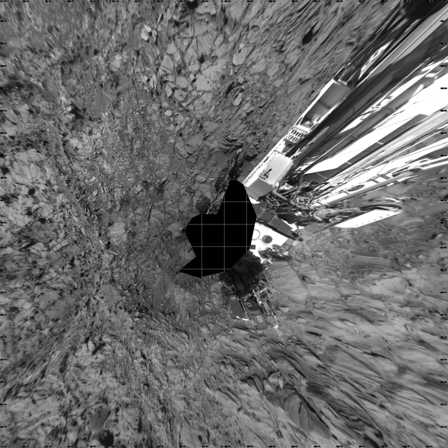 NASA's Mars rover Curiosity took 17 images in Gale Crater using its mast-mounted Left Navigation Camera (Navcam) to create this mosaic. The seam-corrected mosaic provides a vertical projection of the Martian surface near the rover, covering an area of 20 meters (north/south) by 20 meters (east/west). North is up in the image. This projection provides an overhead view, but introduces distortion for items not on the surface, such as large rocks and the rover itself.  Curiosity took the images on October 26, 2015, Sol 1144 of the Mars Science Laboratory mission at drive 848, site number 50. The local mean solar time for the image exposures was 3 PM. Each Navcam image has a 45-degree field of view. CREDIT: NASA/JPL-Caltech