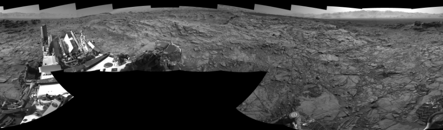 NASA's Mars rover Curiosity took 17 images in Gale Crater using its mast-mounted Right Navigation Camera (Navcam) to create this mosaic. The seam-corrected mosaic provides a 0-degree cylindrical-perspective projection panorama of the Martian surface suitable for stereo viewing, centered at 141 degrees azimuth (measured clockwise from north). This single-eye view must be combined with the partner left image to be viewed in stereo.  Curiosity took the images on October 26, 2015, Sol 1144 of the Mars Science Laboratory mission at drive 848, site number 50. The local mean solar time for the image exposures was 3 PM. Each Navcam image has a 45-degree field of view. CREDIT: NASA/JPL-Caltech