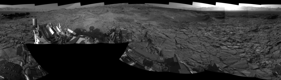 NASA's Mars rover Curiosity took 19 images in Gale Crater using its mast-mounted Left Navigation Camera (Navcam) to create this mosaic. The seam-corrected mosaic provides a 360-degree cylindrical-perspective projection panorama of the Martian surface suitable for stereo viewing, centered at 325 degrees azimuth (measured clockwise from north). This single-eye view must be combined with the partner right image to be viewed in stereo.  Curiosity took the images on October 30, 2015, Sol 1148 of the Mars Science Laboratory mission at drive 1116, site number 50. The local mean solar time for the image exposures was 4 PM. Each Navcam image has a 45-degree field of view. CREDIT: NASA/JPL-Caltech