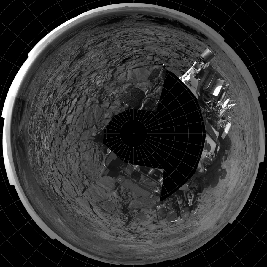 NASA's Mars rover Curiosity took 19 images in Gale Crater using its mast-mounted Left Navigation Camera (Navcam) to create this mosaic. The seam-corrected mosaic provides a polar stereographic projection panorama of the Martian surface with 0 degrees azimuth (measured clockwise from north) at the top of the image. Curiosity took the images on October 30, 2015, Sol 1148 of the Mars Science Laboratory mission at drive 1116, site number 50. The local mean solar time for the image exposures was 4 PM. Each Navcam image has a 45-degree field of view. CREDIT: NASA/JPL-Caltech
