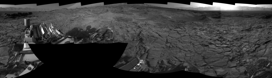 NASA's Mars rover Curiosity took 19 images in Gale Crater using its mast-mounted Right Navigation Camera (Navcam) to create this mosaic. The seam-corrected mosaic provides a 360-degree cylindrical-perspective projection panorama of the Martian surface suitable for stereo viewing, centered at 320 degrees azimuth (measured clockwise from north). This single-eye view must be combined with the partner left image to be viewed in stereo. Curiosity took the images on October 30, 2015, Sol 1148 of the Mars Science Laboratory mission at drive 1116, site number 50. The local mean solar time for the image exposures was 4 PM. Each Navcam image has a 45-degree field of view. CREDIT: NASA/JPL-Caltech