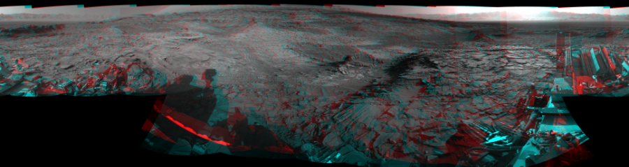 NASA's Mars rover Curiosity took 19 image pairs in Gale Crater using its mast-mounted Navigation Camera (Navcam) to create this mosaic. The seam-corrected mosaic provides a 360-degree cylindrical perspective projection panorama of the Martian surface suitable for stereo viewing, centered at 40 degrees azimuth (measured clockwise from north). This anaglyph must be viewed with red/blue glasses (red over left eye).  Curiosity took the images on November 02, 2015, Sol 1151 of the Mars Science Laboratory mission at drive 1222, site number 50. The local mean solar time for the image exposures was 4 PM. Each Navcam image has a 45-degree field of view. CREDIT: NASA/JPL-Caltech