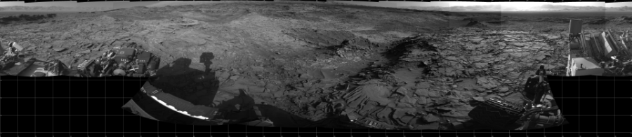 NASA's Mars rover Curiosity took 19 images in Gale Crater using its mast-mounted Left Navigation Camera (Navcam) to create this mosaic. The seam-corrected mosaic provides a 360-degree cylindrical projection panorama of the Martian surface centered at 180 degrees azimuth (measured clockwise from north). Curiosity took the images on November 02, 2015, Sol 1151 of the Mars Science Laboratory mission at drive 1222, site number 50. The local mean solar time for the image exposures was 4 PM. Each Navcam image has a 45 degree field of view. CREDIT: NASA/JPL-Caltech